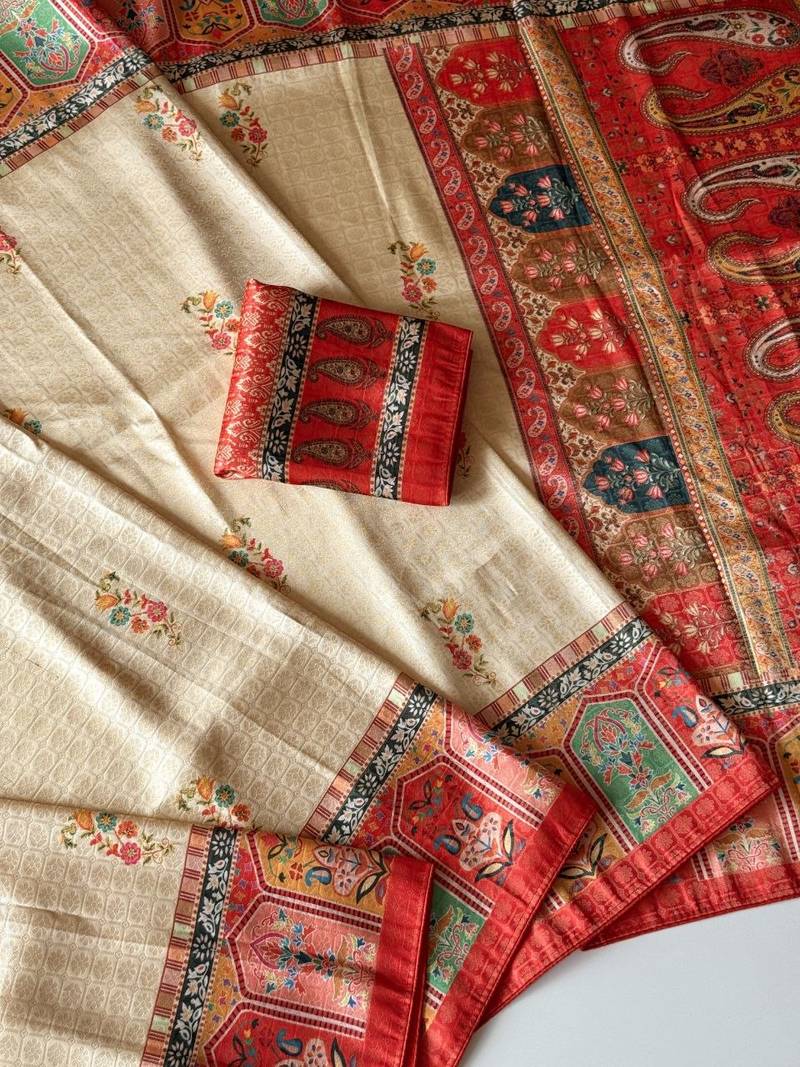 Cream-Red Color Printed Jaqurad Weaving All Over Full Jari Weaving Dola Silk Saree