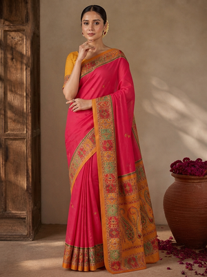 Rani Pink Color Printed Jaqurad Weaving All Over Full Jari Weaving Dola Silk Saree 2