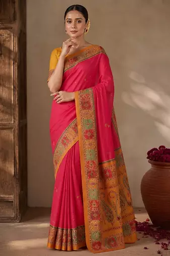 Rani Pink Color Printed Jaqurad Weaving All Over Full Jari Weaving Dola Silk Saree