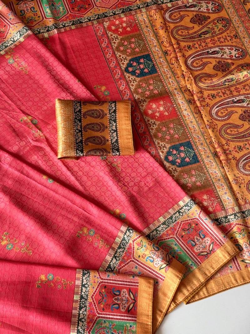 Rani Pink Color Printed Jaqurad Weaving All Over Full Jari Weaving Dola Silk Saree
