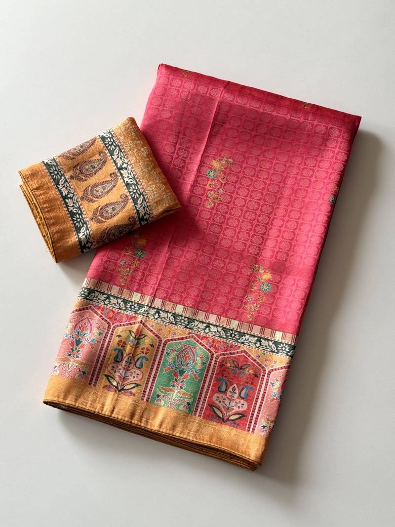 Rani Pink Color Printed Jaqurad Weaving All Over Full Jari Weaving Dola Silk Saree