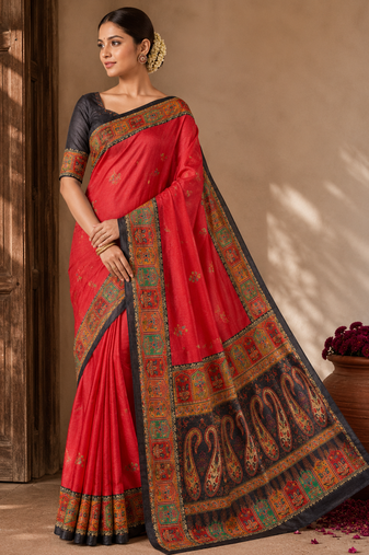Red Color Printed Jaqurad Weaving All Over Full Jari Weaving Dola Silk Saree