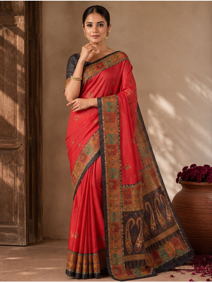 Red Color Printed Jaqurad Weaving All Over Full Jari Weaving Dola Silk Saree 2