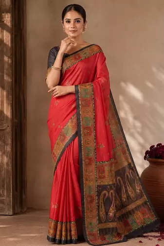 Red Color Printed Jaqurad Weaving All Over Full Jari Weaving Dola Silk Saree