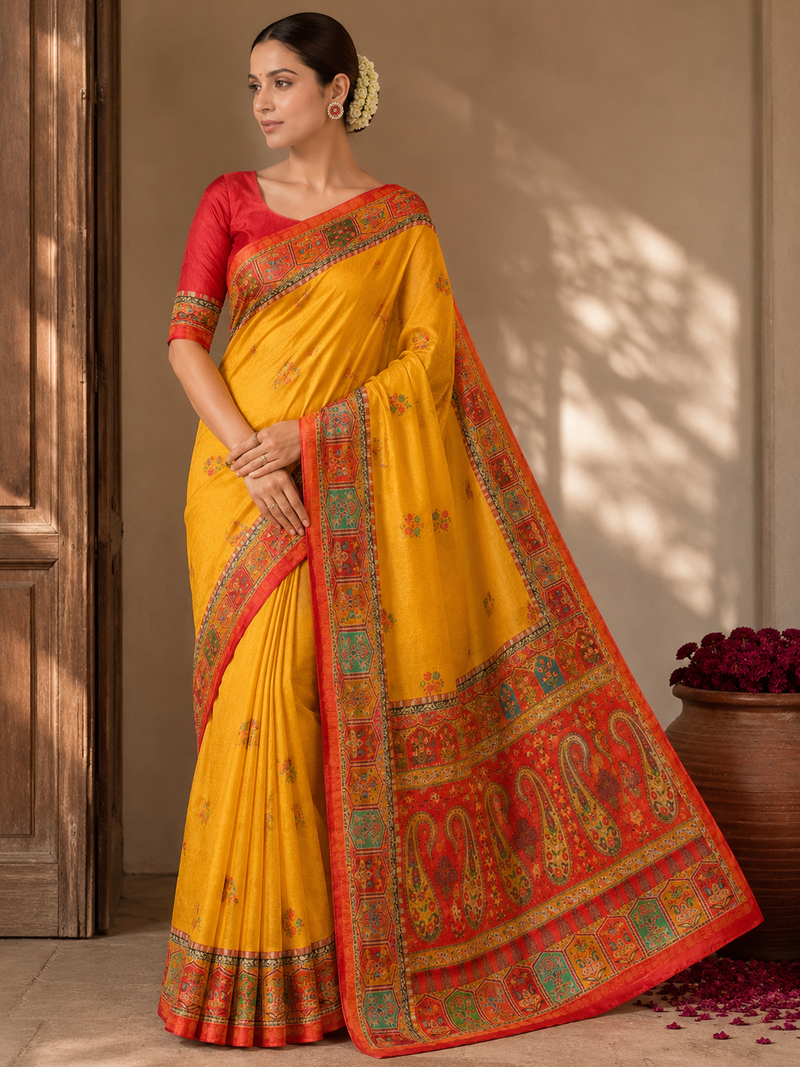 Yellow Color Printed Jaqurad Weaving All Over Full Jari Weaving Dola Silk Saree