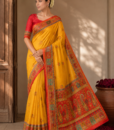 Yellow Color Printed Jaqurad Weaving All Over Full Jari Weaving Dola Silk Saree