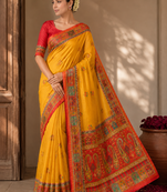 Yellow Color Printed Jaqurad Weaving All Over Full Jari Weaving Dola Silk Saree