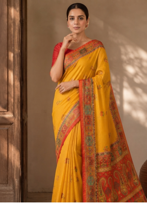 Yellow Color Printed Jaqurad Weaving All Over Full Jari Weaving Dola Silk Saree 2