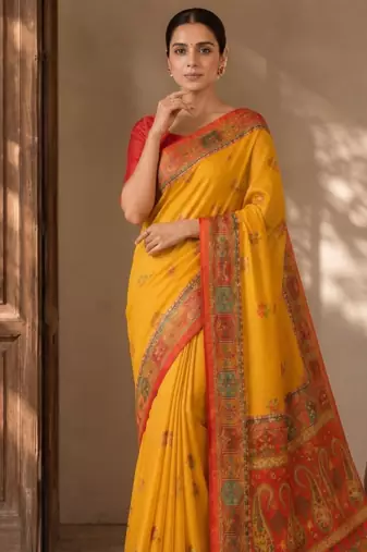 Yellow Color Printed Jaqurad Weaving All Over Full Jari Weaving Dola Silk Saree