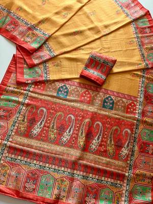 Yellow Color Printed Jaqurad Weaving All Over Full Jari Weaving Dola Silk Saree 3