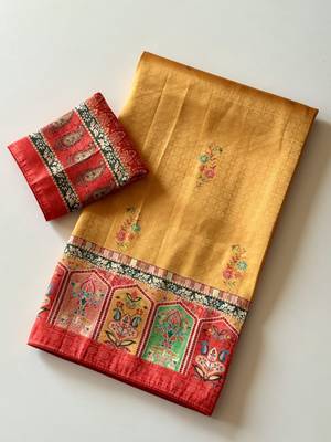 Yellow Color Printed Jaqurad Weaving All Over Full Jari Weaving Dola Silk Saree 5