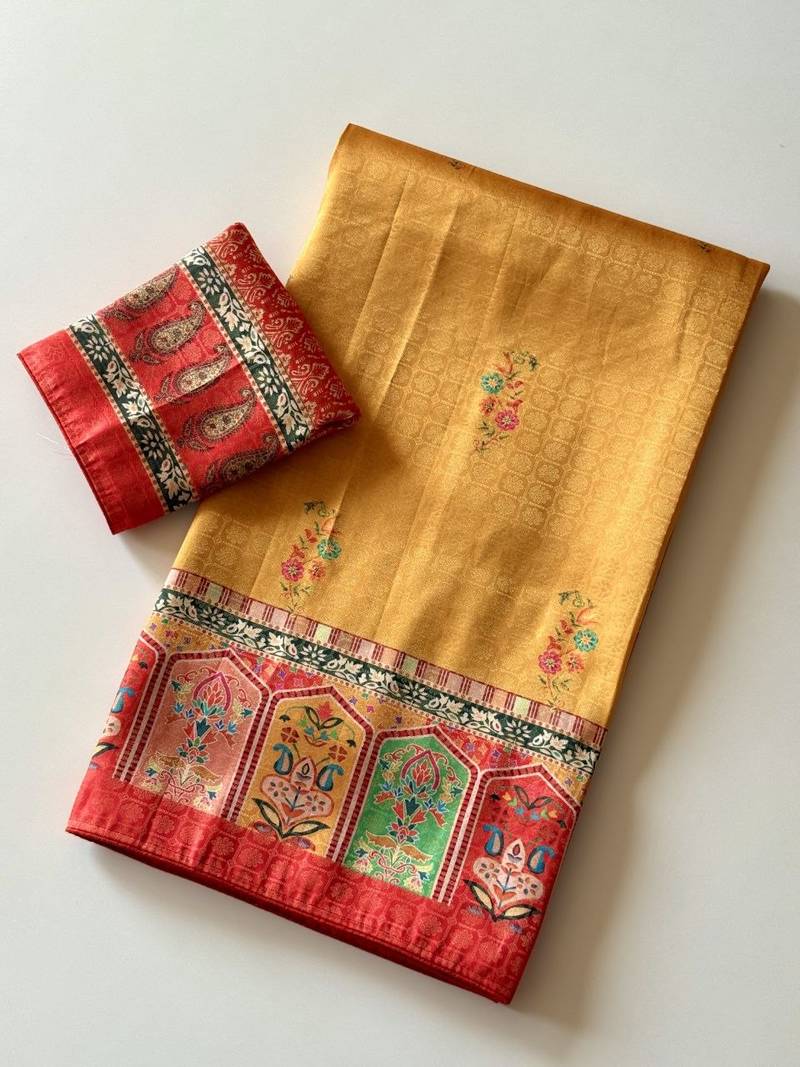 Yellow Color Printed Jaqurad Weaving All Over Full Jari Weaving Dola Silk Saree