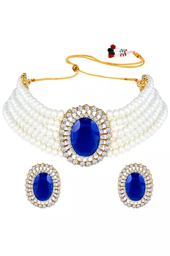 Gold plated blue crystal & beads studded choker necklace earrings set ethnic jewellery for women