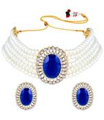 Gold plated blue crystal & beads studded choker necklace earrings set ethnic jewellery for women