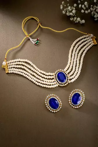 Gold plated blue crystal & beads studded choker necklace earrings set ethnic jewellery for women