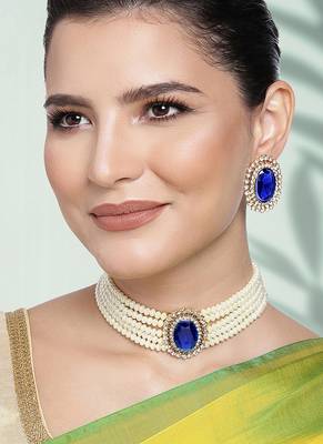 Gold plated blue crystal & beads studded choker necklace earrings set ethnic jewellery for women 3