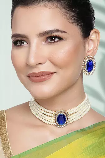 Gold plated blue crystal & beads studded choker necklace earrings set ethnic jewellery for women