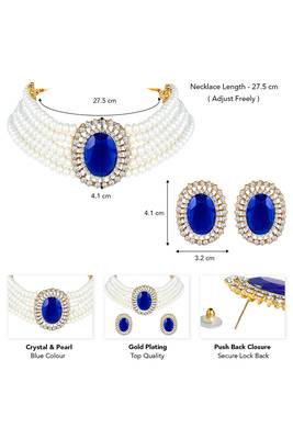 Gold plated blue crystal & beads studded choker necklace earrings set ethnic jewellery for women 4