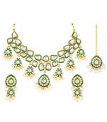 Green kundan & beads studded gold plated necklace earrings maangtikka ethnic jewellery set for women & girls