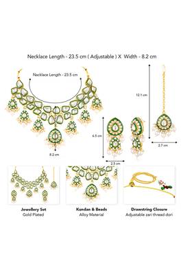 Green kundan & beads studded gold plated necklace earrings maangtikka ethnic jewellery set for women & girls 3