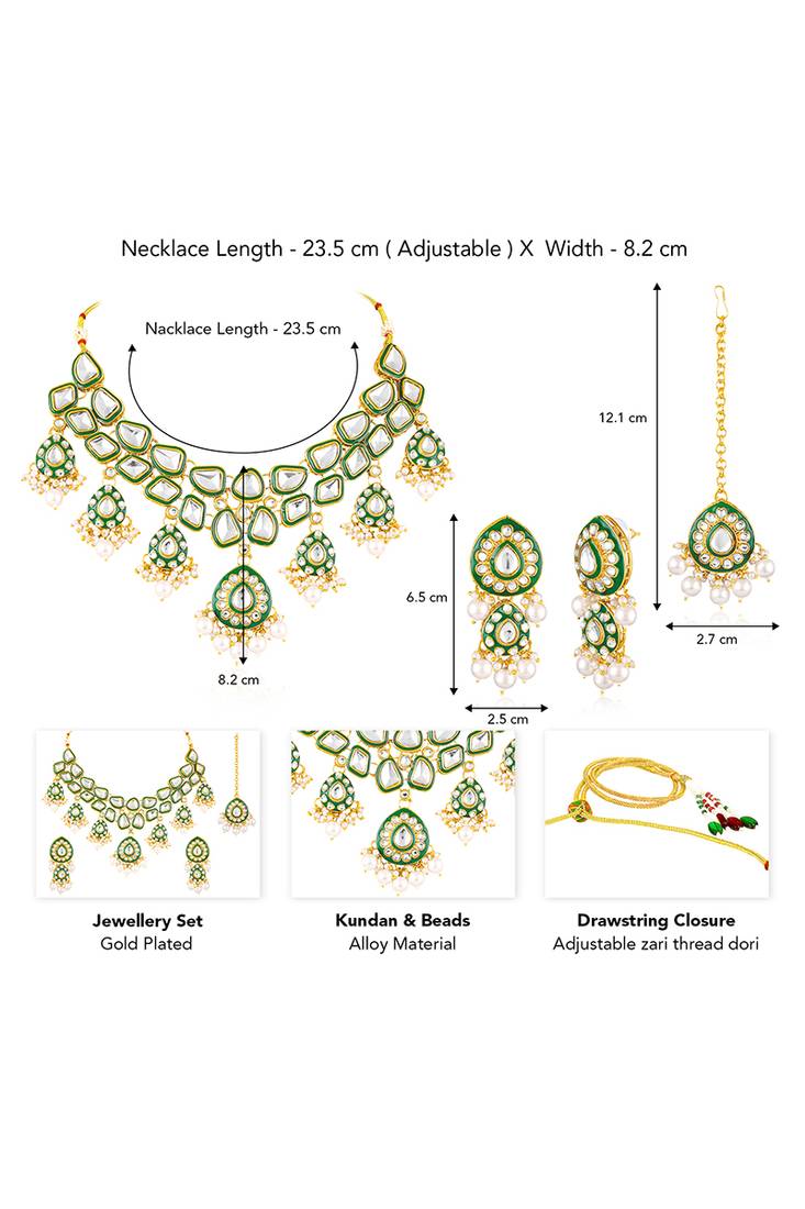 Green kundan & beads studded gold plated necklace earrings maangtikka ethnic jewellery set for women & girls