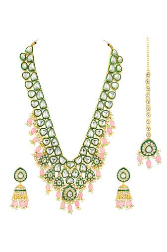 Green kundan & beads studded gold plated long necklace earrings maangtikka ethnic jewellery set for women & girls