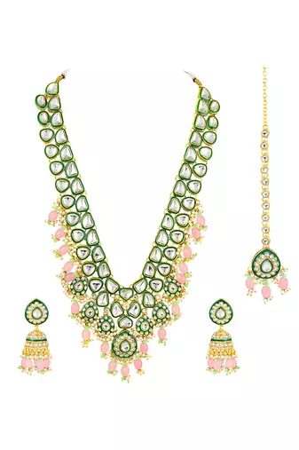 Green kundan & beads studded gold plated long necklace earrings maangtikka ethnic jewellery set for women & girls