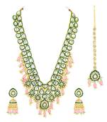 Green kundan & beads studded gold plated long necklace earrings maangtikka ethnic jewellery set for women & girls
