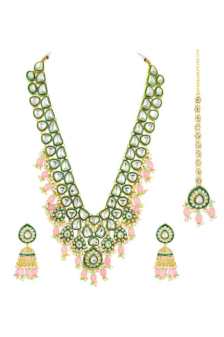 Green kundan & beads studded gold plated long necklace earrings maangtikka ethnic jewellery set for women & girls