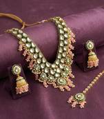 Green kundan & beads studded gold plated long necklace earrings maangtikka ethnic jewellery set for women & girls