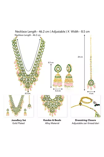 Green kundan & beads studded gold plated long necklace earrings maangtikka ethnic jewellery set for women & girls