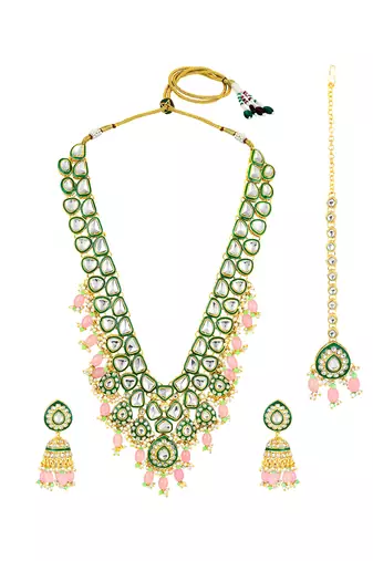 Green kundan & beads studded gold plated long necklace earrings maangtikka ethnic jewellery set for women & girls
