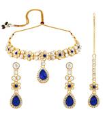Gold plated kundan & blue crystals studded necklace earrings maangtikka set ethnic jewellery for women