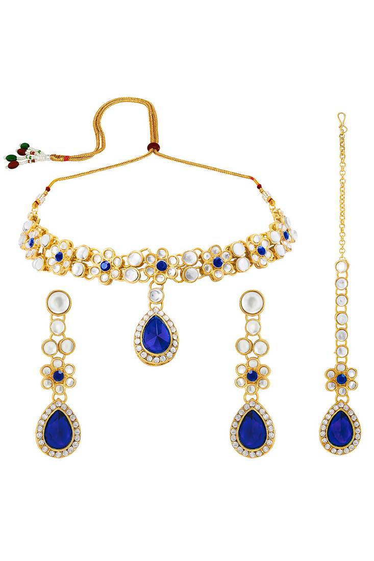 Gold plated kundan & blue crystals studded necklace earrings maangtikka set ethnic jewellery for women