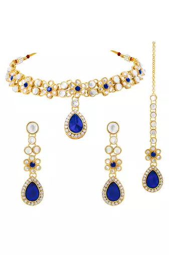 Gold plated kundan & blue crystals studded necklace earrings maangtikka set ethnic jewellery for women