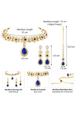 Gold plated kundan & blue crystals studded necklace earrings maangtikka set ethnic jewellery for women 5