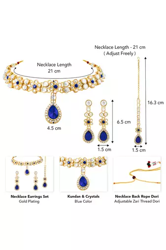 Gold plated kundan & blue crystals studded necklace earrings maangtikka set ethnic jewellery for women