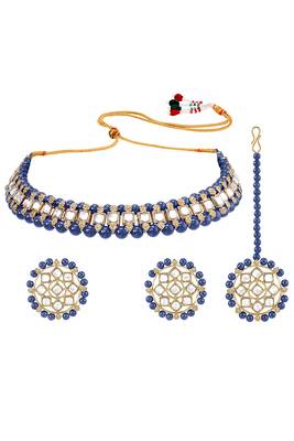 Gold plated kundan & blue beads studded choker necklace earrings & maangtikka set ethnic jewellery for women 1