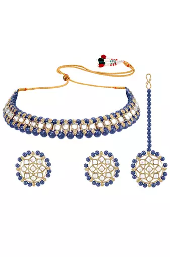 Gold plated kundan & blue beads studded choker necklace earrings & maangtikka set ethnic jewellery for women