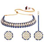 Gold plated kundan & blue beads studded choker necklace earrings & maangtikka set ethnic jewellery for women