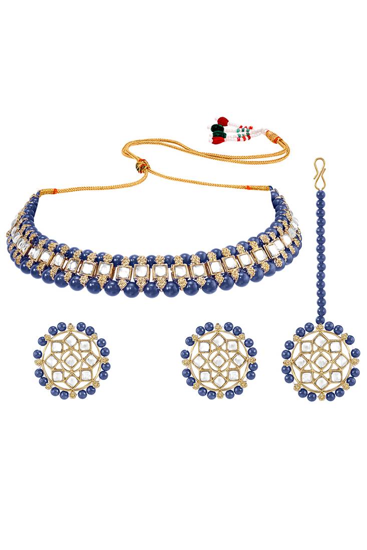 Gold plated kundan & blue beads studded choker necklace earrings & maangtikka set ethnic jewellery for women
