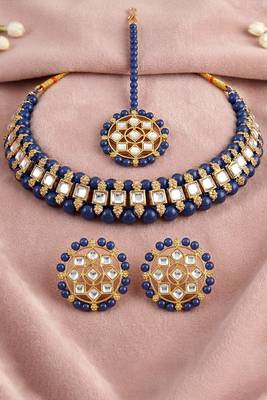Gold plated kundan & blue beads studded choker necklace earrings & maangtikka set ethnic jewellery for women 2