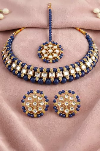Gold plated kundan & blue beads studded choker necklace earrings & maangtikka set ethnic jewellery for women