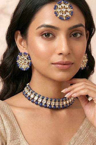 Gold plated kundan & blue beads studded choker necklace earrings & maangtikka set ethnic jewellery for women