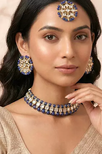 Gold plated kundan & blue beads studded choker necklace earrings & maangtikka set ethnic jewellery for women