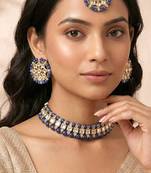 Gold plated kundan & blue beads studded choker necklace earrings & maangtikka set ethnic jewellery for women