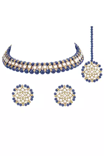 Gold plated kundan & blue beads studded choker necklace earrings & maangtikka set ethnic jewellery for women