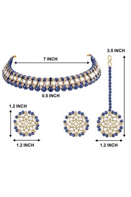Gold plated kundan & blue beads studded choker necklace earrings & maangtikka set ethnic jewellery for women 5