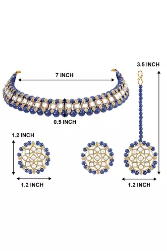 Gold plated kundan & blue beads studded choker necklace earrings & maangtikka set ethnic jewellery for women