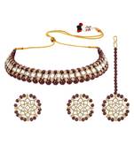 Gold plated kundan & maroon beads studded choker necklace earrings & maangtikka set ethnic jewellery for women
